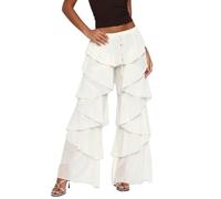 Women Ruffled Wide Leg Pants Casual Solid Drawstring Low Rise Long Trousers | Summer Layered Tulle Pants Sheer Mesh Tiered Beach Party Pants