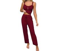 Women’s 2 Pieces Cotton Pajama Set Solid Color Cami Top + High Waist Pants, Comfortable Trousers Pjs Set Sleeveless Nightwear Lace Loungwear Sleepwear Set (UK, Alpha, M, Regular, Regular, Burgundy)