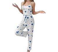 Women’S 2 Pieces Heart Print Pajama Set, Cute Print Sleepwear Set Soft Loungewear-Sleeveless Cami Top High Waist Pants Comfortable Trousers Pjs Casual Comfort Ladies Co Ords Outfits UK Blue
