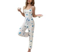 Women’s 2 Pieces Heart Print Pajama Set Sleeveless Cami Top + High Waist Pants, Comfortable Trousers Pjs Set Soft Loungewear Cute Print Sleepwear Set (UK, Alpha, S, Regular, Regular, White+Blue)