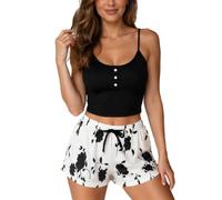 Women’s 2 Pieces Pyjama Set Suspender Crop Top and Elastic Waistband Shorts, Summer Lounge Sets Sleeveless Loungewear Printed Sleepwear Soft Nightwear (UK, Alpha, XL, Regular, Regular, Black)