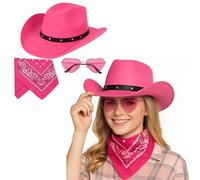 Women’s 3-Piece Cowboy Dress Up Set | Sequin Western Hats with Hot Pink Paisley Bandana and Pink Heart Sunglasses | Cowgirl Party Fancy Dress and Festival Accessories (Pink Wichita)
