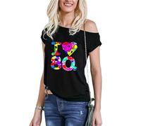 Women’s 80s Graphic T-Shirt Short Sleeve Retro I Love The 80s Tee with Globe, Happy Face & Sexy Lips Print - Casual Summer Top, Vintage Pop Culture Shirt (I Love 80 Multicolor Black UK 8-10)