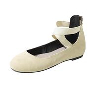 Women‘s Ballet Flats & Pumps Elastic Crisscross Strap Block Heels Flat Shoes Ladies Ballerina Ankle Elastic Crossing Strap Round Toe Comfy Slip-On Wedge Pump