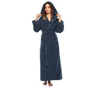 Women`s bathrobe with hood, calf length, 100% cotton terry towelling, marine, S-M