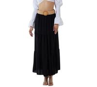 Women’s Belted Tiered Maxi Skirt Elastic High Waist Italian Maxi Skirts Ruffle A Line Swing Beach Long Skirts One Size UK 8-16 Black