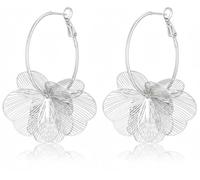 Women’s Big Hoop Flower Earrings Detachable Floral Dangle Trendy Boho Statement Earrings Spring Fashion Jewelry (Silver)
