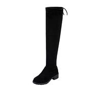 Women’s Black Flock Knee-High Boots with Low Block Heel and Side Zip | Tall shaft reaches the knee above a rounded toe; a low block heel and side zip complete the clean, simple profile.