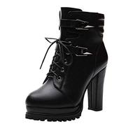 Women’s Black Lace up Platform Ankle Boots with Chunky High Heel, Faux Leather Booties with Double Buckle Straps, Anti-Slip Lug Sole, Padded Collar, Round Toe Design, Edgy Fashion Look