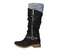 Women’s Black Mid Calf Boots with Side Zip and Knitted Cuff, Ruched Faux Leather Boots with Buckle Strap, Block Heel Fashion Booties, Contrast Sole, Soft Lining, Slip-Resistant Tread