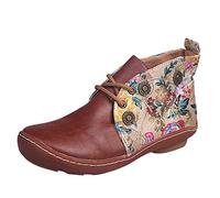 Women’s Boho Ankle Boots, Retro Floral Patchwork Leather Short Boots with Soft Cushioned Insole, Non Slip Sole, Artistic Vintage Style Walking Shoes with Embroidered Textile Detailing