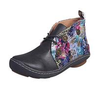 Women’s Boho Ankle Boots, Retro Floral Patchwork Leather Short Boots with Soft Cushioned Insole, Non Slip Sole, Artistic Vintage Style Walking Shoes with Embroidered Textile Detailing