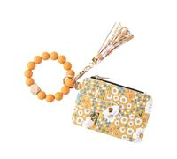 Women’s Boho Beaded Wristlet Keychain Wallet - Floral Pattern Card Holder with Tassel, Silicone Bead Bracelet Key Ring Wallet with Zipper Coin Purse & ID Window for Women, Yellow, Boho