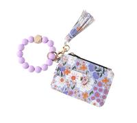 Women’s Boho Beaded Wristlet Keychain Wallet - Floral Pattern Card Holder with Tassel, Silicone Bead Bracelet Key Ring Wallet with Zipper Coin Purse & ID Window for Women, Lavender, Boho