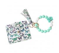 Women’s Boho Beaded Wristlet Keychain Wallet - Floral Pattern Card Holder with Tassel, Silicone Bead Bracelet Key Ring Wallet with Zipper Coin Purse & ID Window for Women