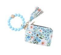 Women’s Boho Beaded Wristlet Keychain Wallet - Floral Pattern Card Holder with Tassel, Silicone Bead Bracelet Key Ring Wallet with Zipper Coin Purse & ID Window for Women, Sky Blue