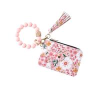Women’s Boho Beaded Wristlet Keychain Wallet - Floral Pattern Card Holder with Tassel, Silicone Bead Bracelet Key Ring Wallet with Zipper Coin Purse & ID Window for Women, Light Pink