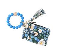 Women’s Boho Beaded Wristlet Keychain Wallet - Floral Pattern Card Holder with Tassel, Silicone Bead Bracelet Key Ring Wallet with Zipper Coin Purse & ID Window for Women, Navy Blue, Boho