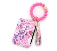 Women’s Boho Beaded Wristlet Keychain Wallet - Floral Pattern Card Holder with Tassel, Silicone Bead Bracelet Key Ring Wallet with Zipper Coin Purse & ID Window for Women, Rose Pink