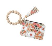 Women’s Boho Beaded Wristlet Keychain Wallet - Floral Pattern Card Holder with Tassel, Silicone Bead Bracelet Key Ring Wallet with Zipper Coin Purse & ID Window for Women, Khaki