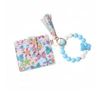 Women’s Boho Beaded Wristlet Keychain Wallet - Floral Pattern Card Holder with Tassel, Silicone Bead Bracelet Key Ring Wallet with Zipper Coin Purse & ID Window for Women