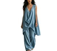 Women’s Boho Cotton Linen Two Piece Set, Deep V Sleeveless Top and Wide Leg Trousers Equipped with Pockets, Laid Back Styling for Hot Weather Days