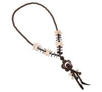 Women’s Boho Flower Pendant Necklace with Wood Beads, Long Ethnic Design | Natural Coconut Shell Texture, Brown Finish, Statement Accessory for Swimsuits, Tank Tops, Parties and Summer Outfits