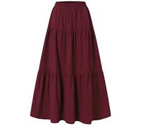 Women’s Boho Pleated A-Line Skirts Flowy Elastic High Waist Swing Tiered Maxi Long Skirt Dress Flared Midi Skirt (Wine Red, XL)