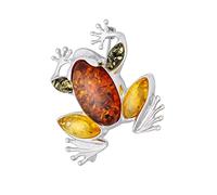 Women’s Brooch, Polished Sterling Silver, Colourful Baltic Amber, Large Frog Brooch with Amber in Three Colours