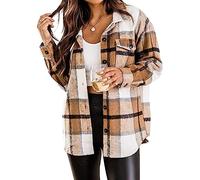 Women’s Brushed Flannel Button Down Shirt Buffalo Plaid Jacket Shacket Coats (Color : Brown, Size : S)