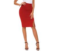 Women’s Business Solid High Waist Pencil Skirt Side Slit Stretchy Bodycon Midi Skirt (M, Red)