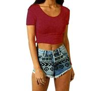 RIDDLED WITH STYLE Women's Cap Sleeve Crop TOP Ladies Round Neck Stretch Plain Printed Stretch Plain Vest T-Shirt Stretchy and Comfortable #Wine#Size UK 8-10