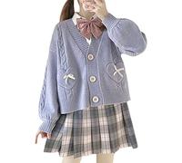 Women’s Cardigan Japanese Style Bow Knitted Sweaters Girls Cute Sweater Long Sleeve Jumper V Neck Short Cardigan Tops (Purple, M)