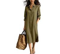 Women’s Casual Linen Shirt Dress Long Sleeve Button Down Pocket Midi Relaxed Fit Vacation Style Army Green M(Army Green,M)