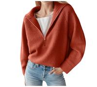 Women’s Casual Long Sleeve Half Zip Pullover Sweaters Solid V Neck Collar Ribbed Knitted Loose Slouchy Jumper Tops 2024 Fall