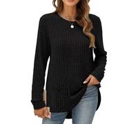Women’s Casual Long Sleeve Knitted Sweater Solid Ribbed Middle Length Pullover Sweater Soft Lightweight Coat Outwear (Black,L)