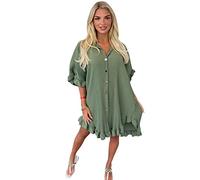 Women’s Gold Button Pleated Short Sleeve Plain Collared Frill Hem Ladies Casual Loose Fit Oversized Baggy Plus Size Swing Summer Crinkle Dresses for Women (Khaki, UK 24)