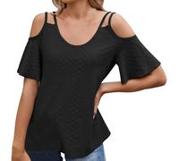 Women’s Casual Short Sleeve T-Shirt 2025 Top Women's Cold Shoulder Tops Solid Lightweight Thin Shirts Short Sleeve Loose Blouse Ladies Trendy Clothing Sleeve Pack (Black, XL)