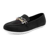 Women’s Casual Slip-On Loafers with Chain Detail - Comfortable Driving Moccasins for Walking, Work, or Everyday Wear, Black, 5.5 UK