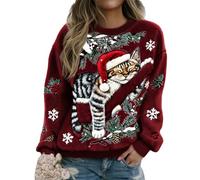 Women’s Christmas Cat Print Flannel Sweatshirt, Xmas Novelty Cute Crew Neck Pullover Tops Holidays Comfy Festive Clothing Winter Casual Fashion Soft Warm Jumper (Red, S)