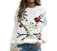 Women’s Christmas Cat Print Flannel Sweatshirt, Xmas Novelty Cute Crew Neck Pullover Tops Holidays Comfy Festive Clothing Winter Casual Fashion Soft Warm Jumper (White-Cat and Bird, XXL)