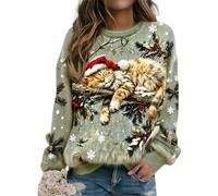 Women’s Christmas Cat Print Flannel Sweatshirt, Xmas Novelty Cute Crew Neck Pullover Tops Holidays Comfy Festive Clothing Winter Casual Fashion Soft Warm Jumper (Light Green-Sleeping Cat, XL)