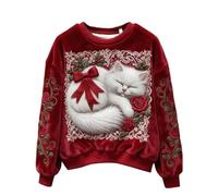 Women’s Christmas Cat Print Flannel Sweatshirt, Xmas Novelty Cute Crew Neck Pullover Tops Winter Casual Stylish Soft Warm Jumpers Holidays Comfy Festive Clothes (Wine, XL)