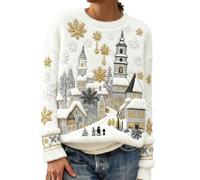 Women’s Christmas Festive Print Flannel Sweatshirt, Xmas Novelty Cute Crew Neck Pullover Tops Winter Casual Fashion Soft Warm Jumpers Holidays Leisure Comfy Clothing (White, M)