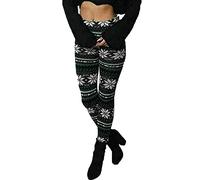 Women’s Christmas Party Winter Wear Warm Elasticated Waist Trousers Leggings Ladies Xmas Style Knitted Warm Slim Fit Leggings Snowflakes Print Pants (Black/Green Snowflakes UK 8-10)