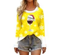 Women’S Christmas Tops,Festive Long Sleeve T Shirt With Elegant Wine Glass Print And Faux Collar For Holiday Season Celebrations And Casual Outfit Womens Apparel (Yellow, L)