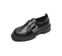 Women’s Chunky Heel Leather Loafer Shoes Slip On with Metal Buckle Anti Slip Sole Height Increasing for Work Walking Black 2.5