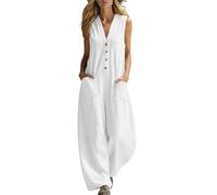 Women’s Cotton Linen Jumpsuit, Summer Wide Leg One Piece Overalls with Pockets, V Neck Button Down Sleeveless Loose Fit Casual Outfit for Beach, Holiday, Travel and Everyday Wear