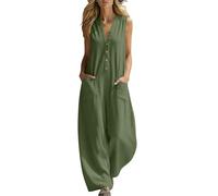 Women’s Cotton Linen Jumpsuit, Summer Wide Leg One Piece Overalls with Pockets, V Neck Button Down Sleeveless Loose Fit Casual Outfit for Beach, Holiday, Travel and Everyday Wear