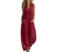 Women’s Cotton Linen Jumpsuit, Summer Wide Leg One Piece Overalls with Pockets, V Neck Button Down Sleeveless Loose Fit Casual Outfit for Beach, Holiday, Travel and Everyday Wear